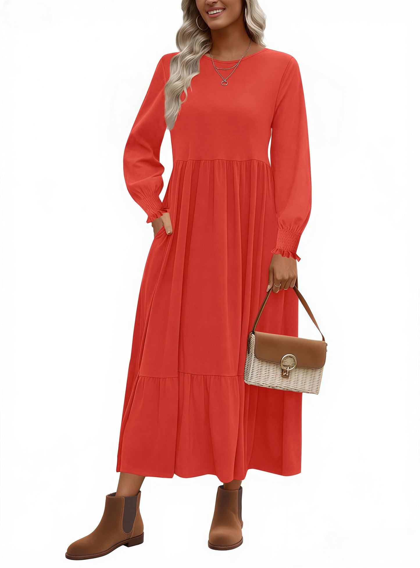 Fall Long Dress for Women Crewneck Casual Long Sleeve Pleated Dresses with Pockets