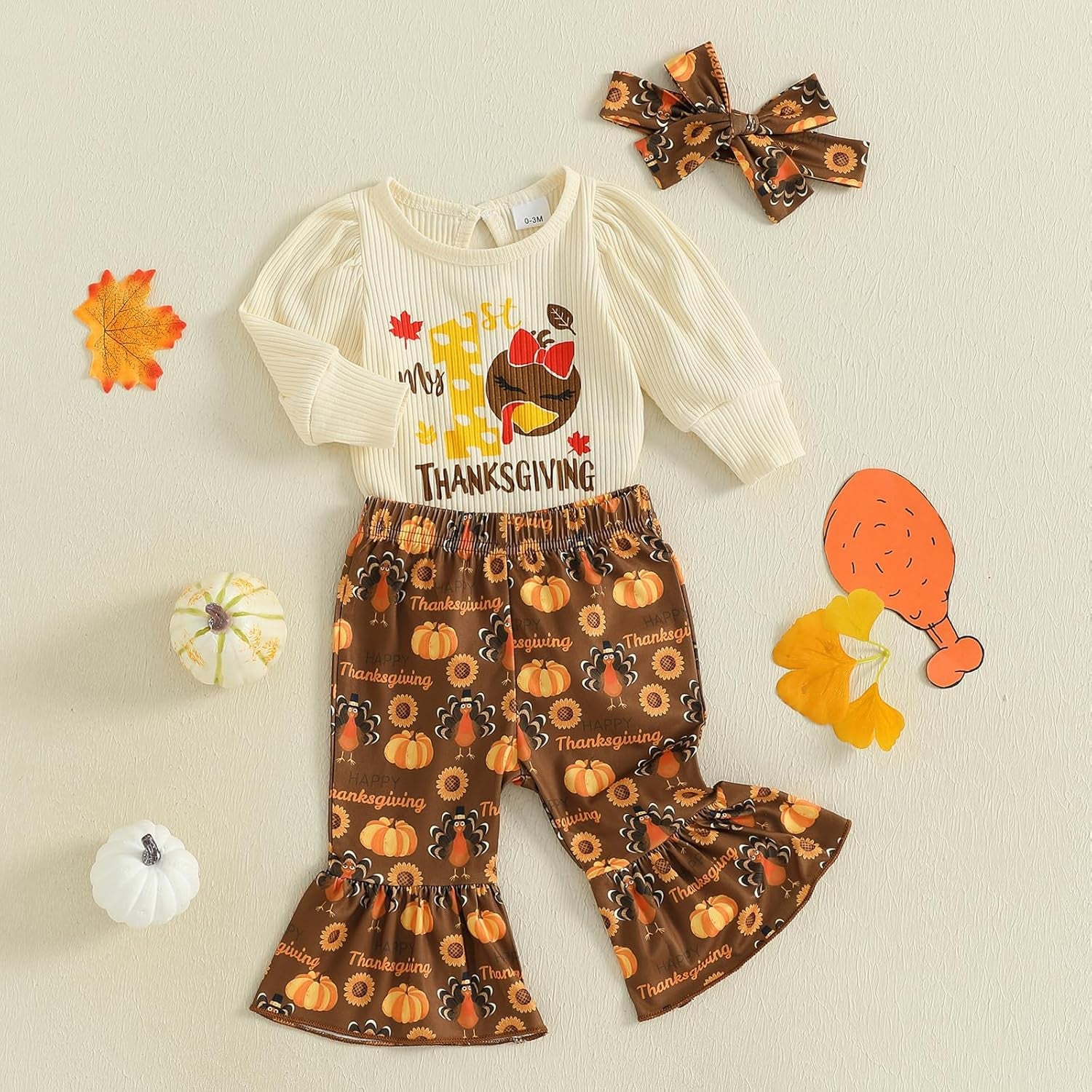 Thanksgiving Baby Girl Outfit My First/1St Little Turkey Romper Onesie Bell Bottoms Pants Fall Winter Clothes
