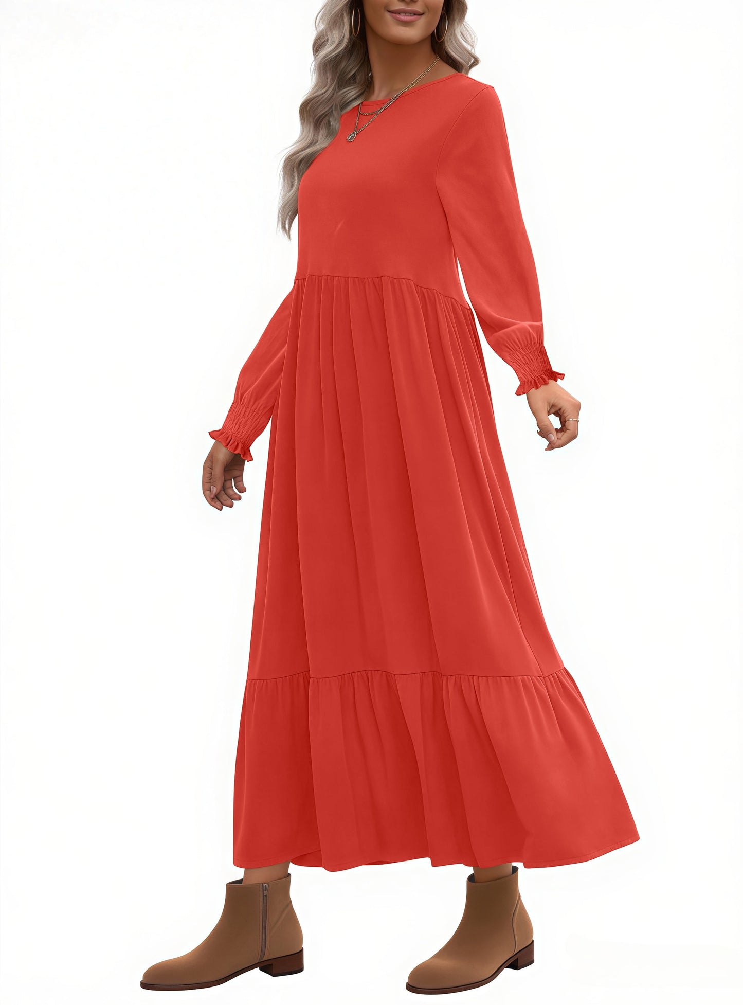 Fall Long Dress for Women Crewneck Casual Long Sleeve Pleated Dresses with Pockets