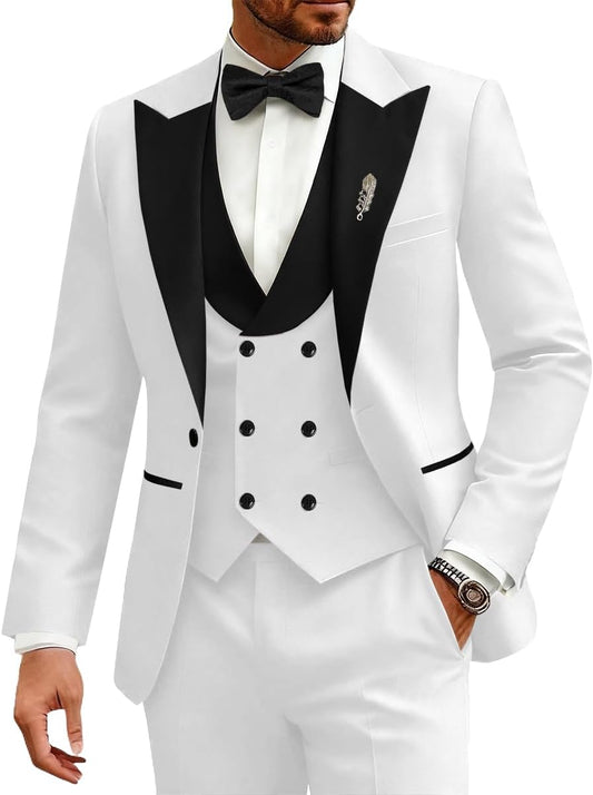 Men'S 3 Piece Wedding Suits Slim Fit Double Breasted Suit Set for Men Blazer Vest Pants Suit with Bow -Tie