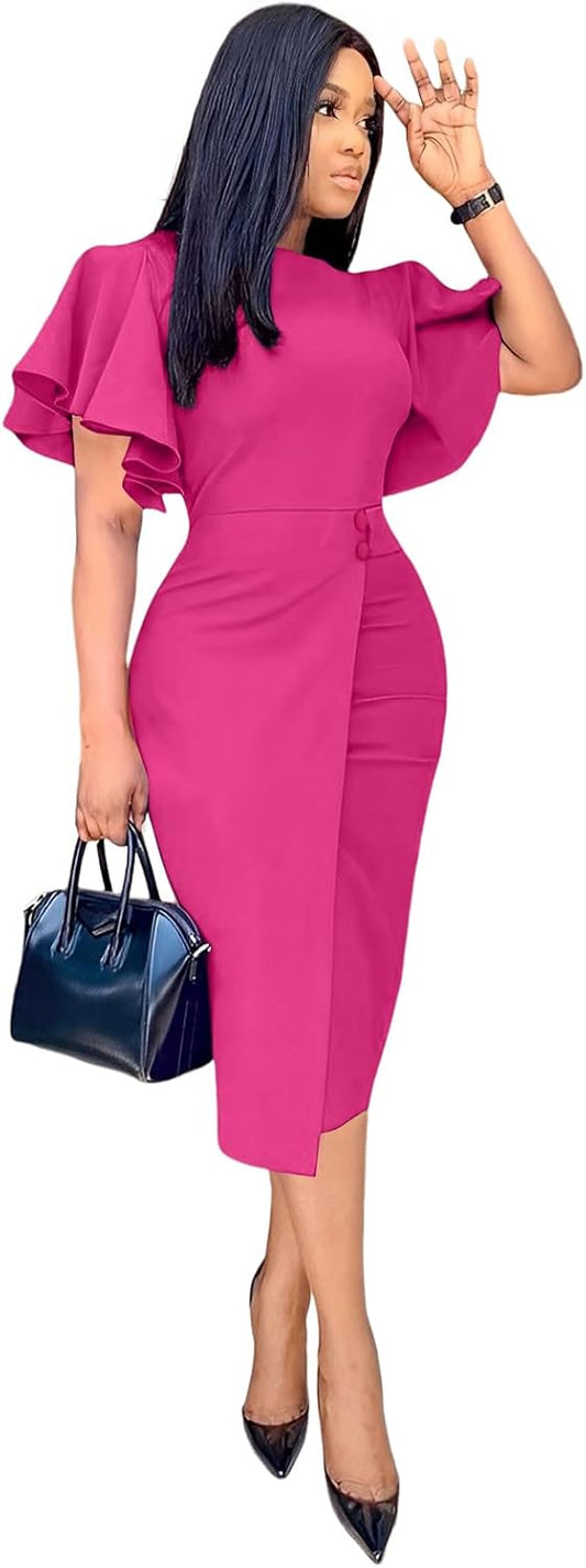 Women'S Ruffle Sleeve Vintage Bodycon Peplum Business Formal Work Pencil Dress