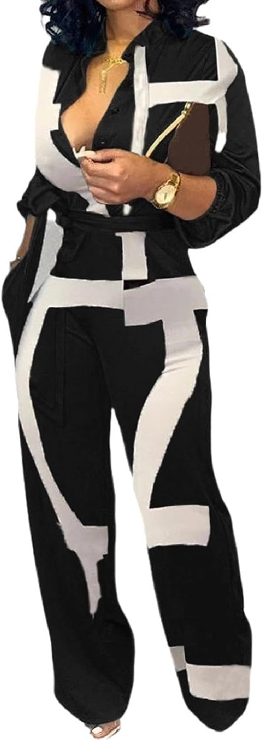 Women'S Jumpsuits Elegant Business Casual Button down V Neck Long Sleeve Strap Straight Long Pants with Pockets