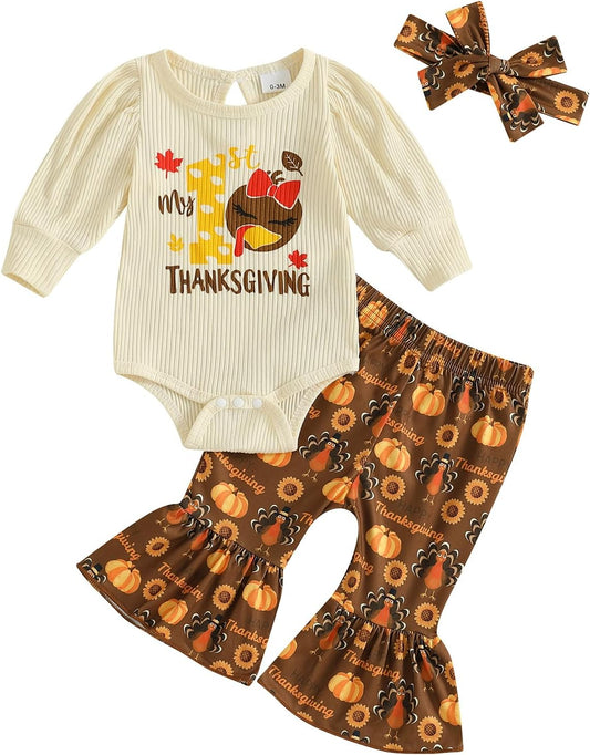 Thanksgiving Baby Girl Outfit My First/1St Little Turkey Romper Onesie Bell Bottoms Pants Fall Winter Clothes