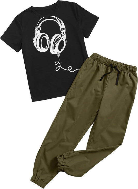 Boys 2 Piece Outfit Short Sleeve T Shirt Drawstring Waist Sweatpants Set