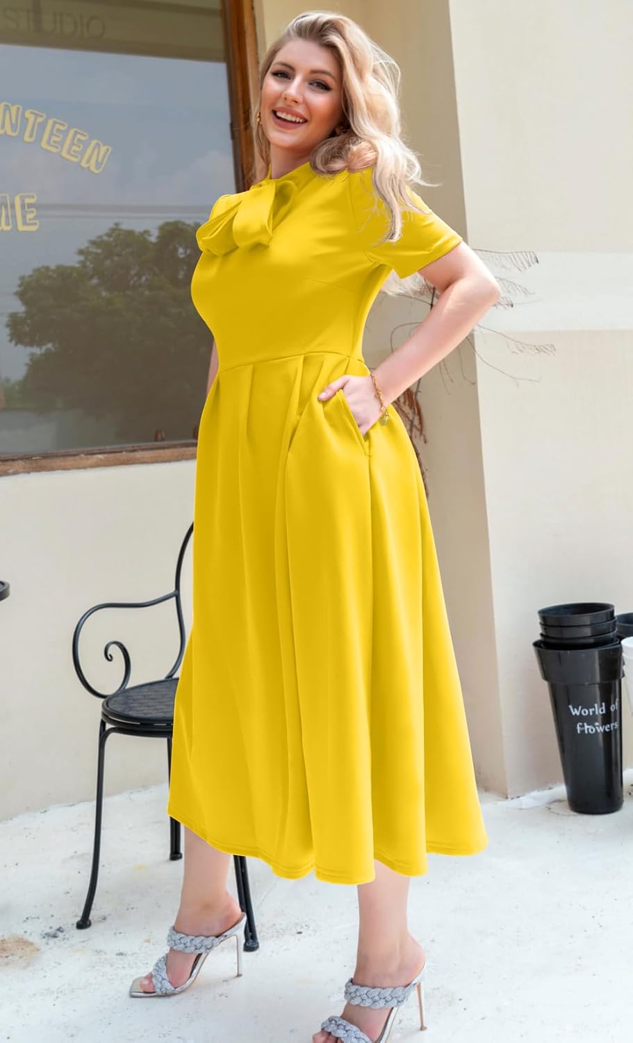 Women'S Elegant Casual Short Sleeve Work Party A-Line Dress with Pockets