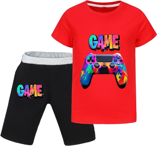 Boys' Gaming Fans Short Sleeve Clothes Set 100% Cotton Crewneck Tee 2-Piece Outfit T-Shirt and Pants Sizes 5-13 Years