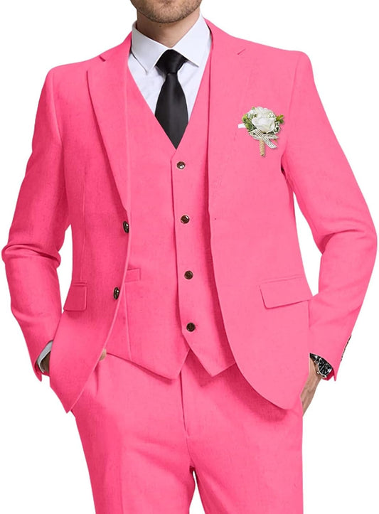 Retro Linen Suit for Men Casual Wedding Suit for Men Slim Fit 3 Pieces Jacket Blazer Vest Pant Groom Tuxedo