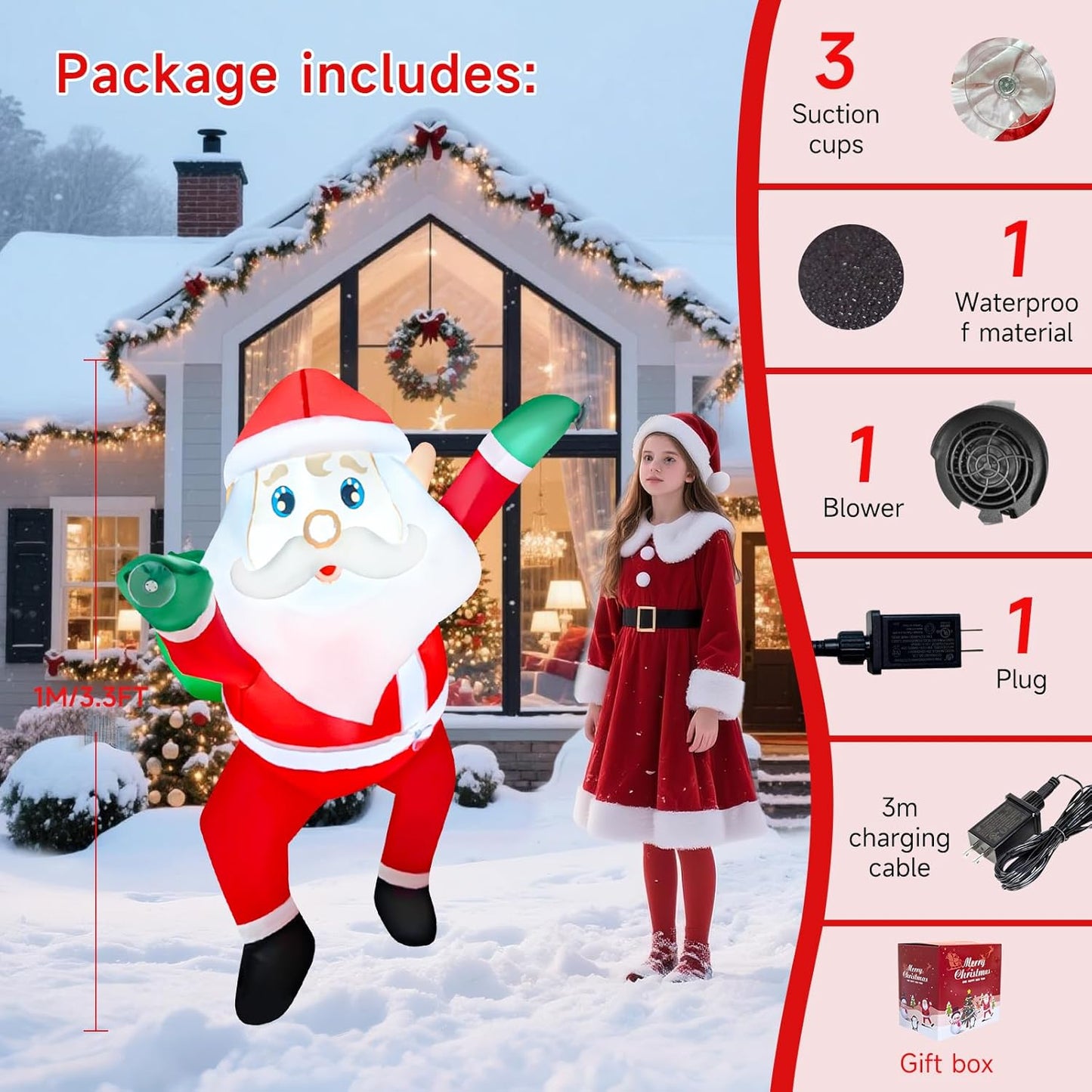 Delight Your Holidays with 3 FT Christmas Inflatables – Cheerful Hanging Santa Claus with Gift Bag and Bright LED Lights for Festive Indoor and Outdoor Charm