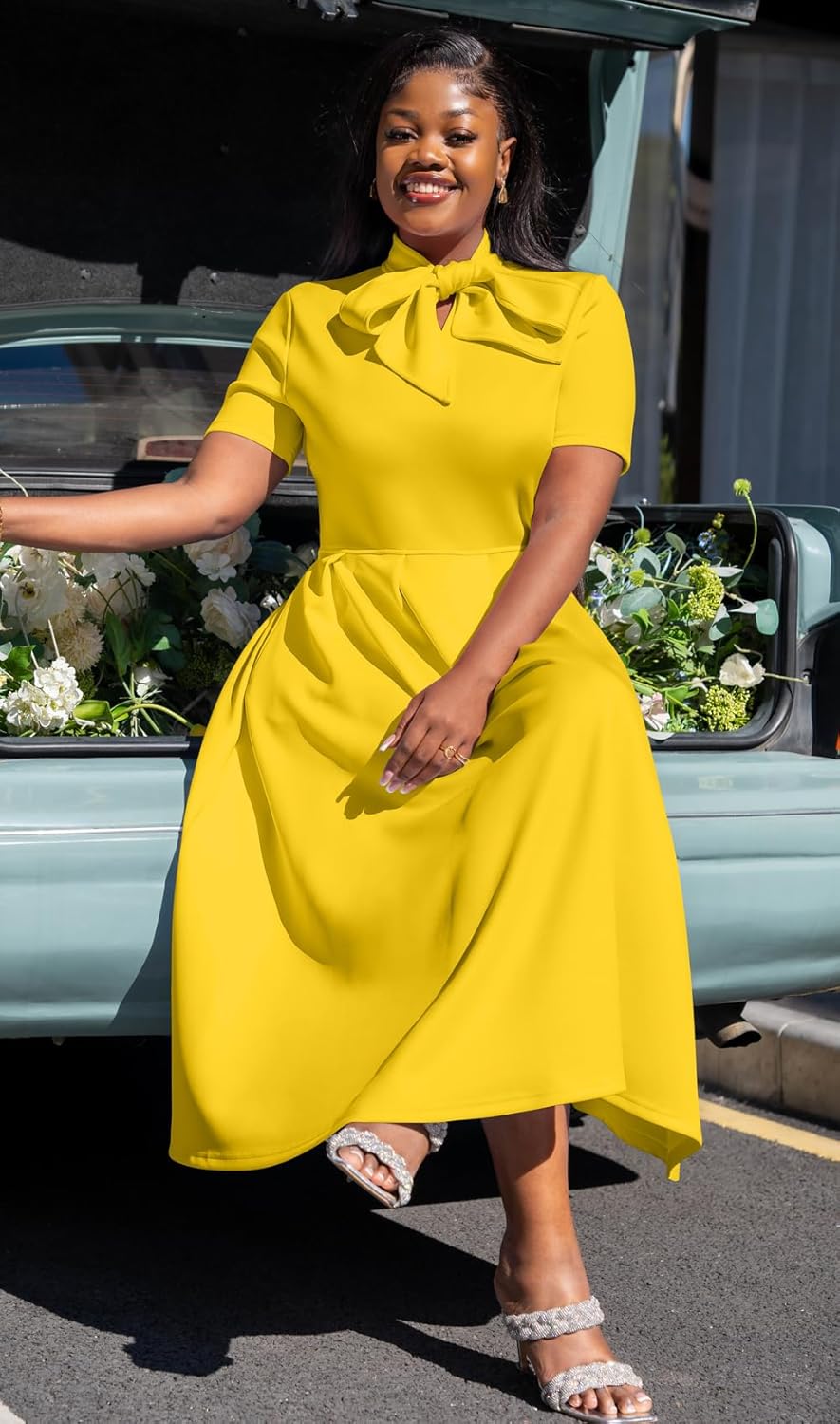 Women'S Elegant Casual Short Sleeve Work Party A-Line Dress with Pockets