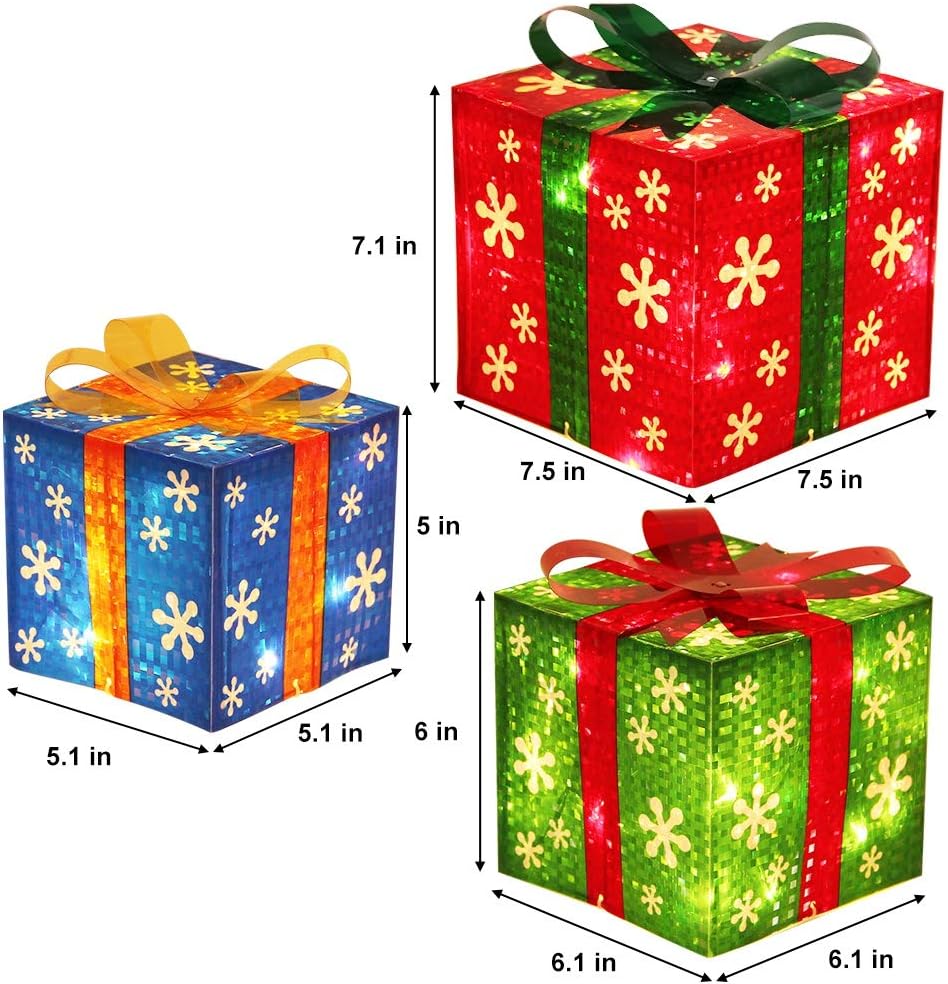 Festive Set of 3 Illuminated Christmas Gift Boxes - Red, Green & Blue Holiday Decor