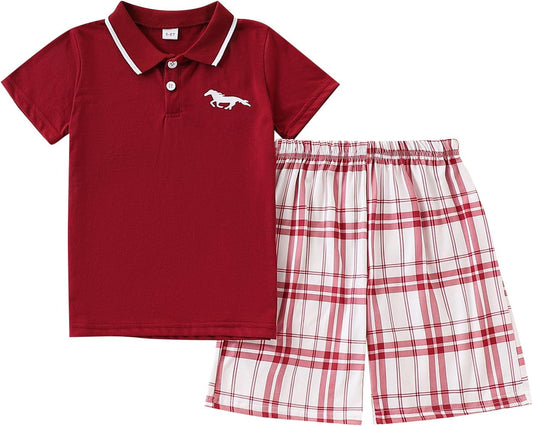 Kids Tween Boy Clothes Casual Short Sleeve Polo Shirt + Plaid Print 2Pcs Shorts Summer Clothing Set