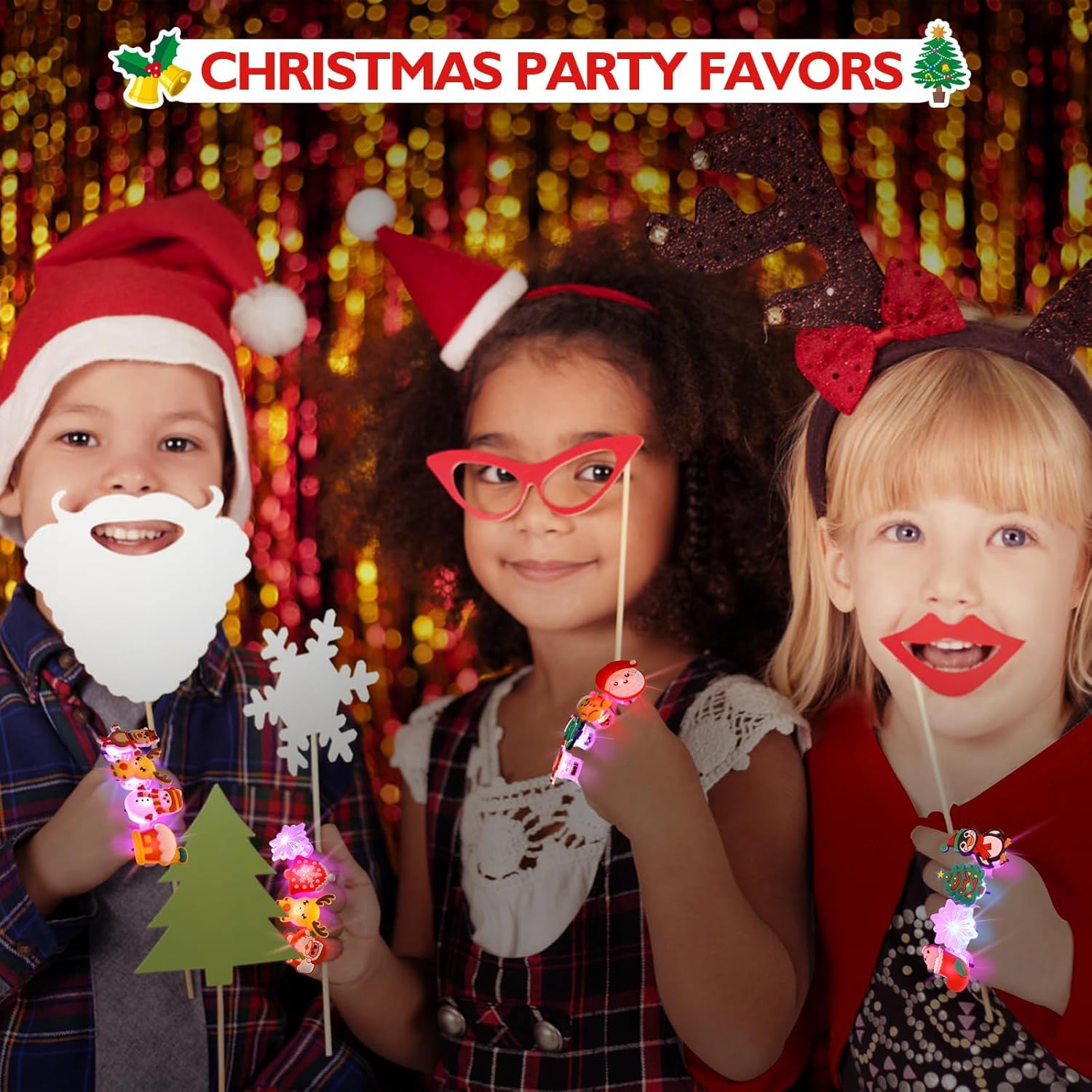 Christmas Stocking Stuffers for Kids - 50 Pcs LED Light Up Rings Party Favors That Glow in the Dark - Perfect Goodie Bag Fillers for Christmas Celebrations
