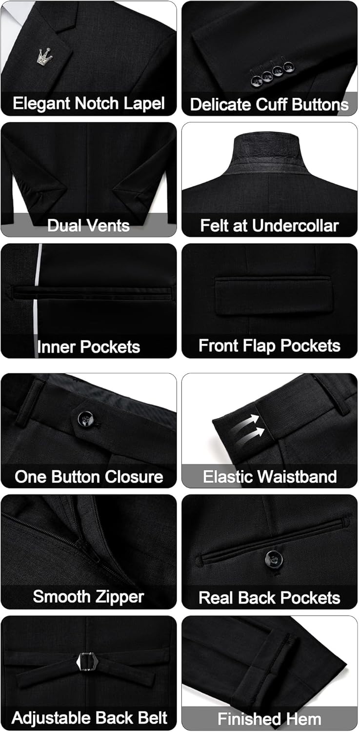 Mens Suits Slim Fit 3 Piece Tuxedo Suit One Button Solid Prom Wedding Party Blazer Vest Pants Set with Tie