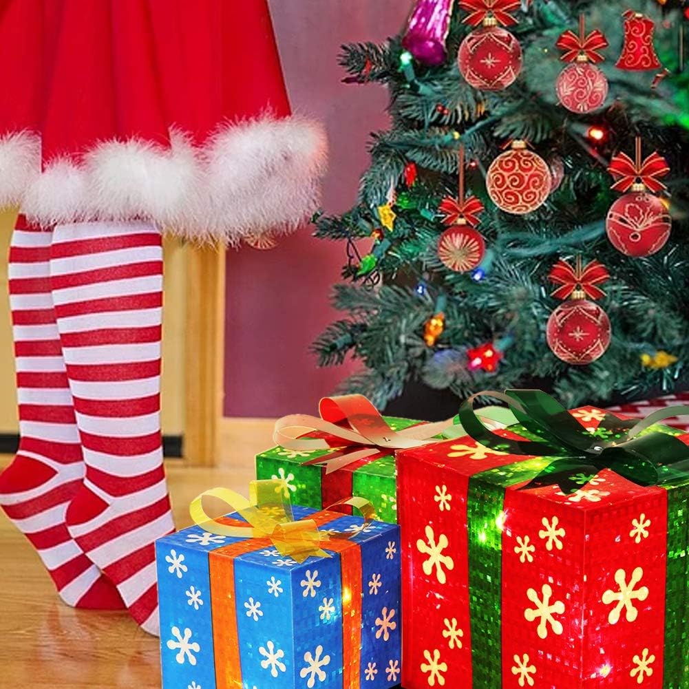 Festive Set of 3 Illuminated Christmas Gift Boxes - Red, Green & Blue Holiday Decor