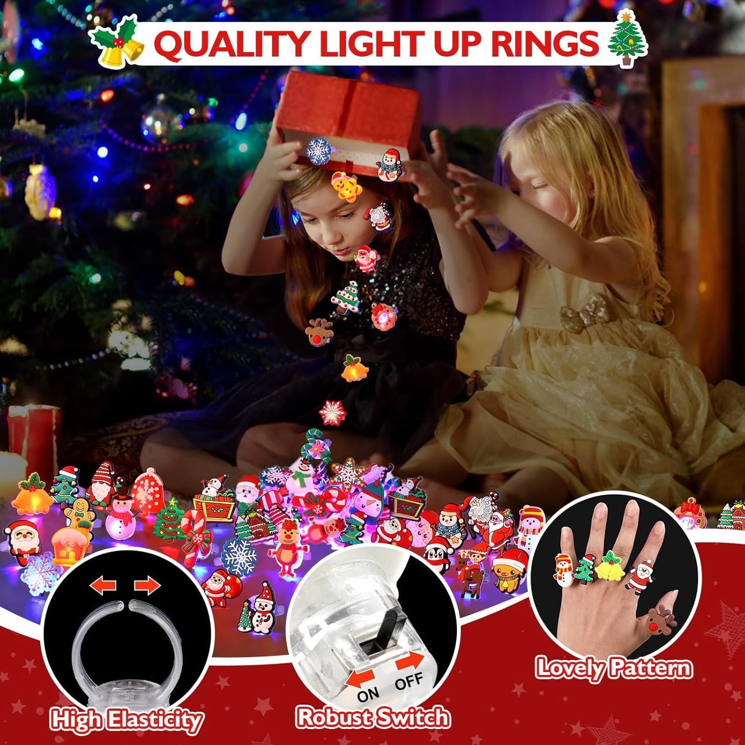 Christmas Stocking Stuffers for Kids - 50 Pcs LED Light Up Rings Party Favors That Glow in the Dark - Perfect Goodie Bag Fillers for Christmas Celebrations