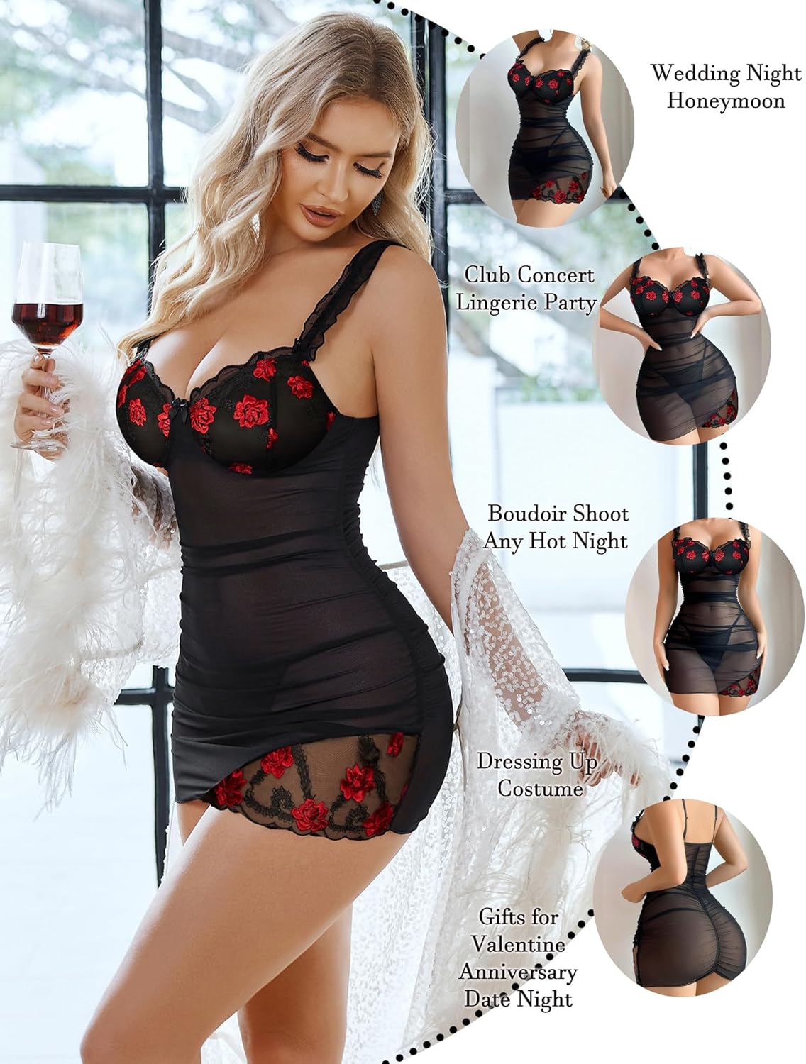 Lingerie for Women Mesh Babydoll Lingeries Lace Chemise Floral Sleepwear Dress Sheer Exotic Boudoir Outfit S-XXL