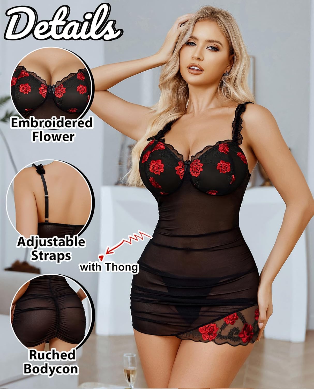 Lingerie for Women Mesh Babydoll Lingeries Lace Chemise Floral Sleepwear Dress Sheer Exotic Boudoir Outfit S-XXL