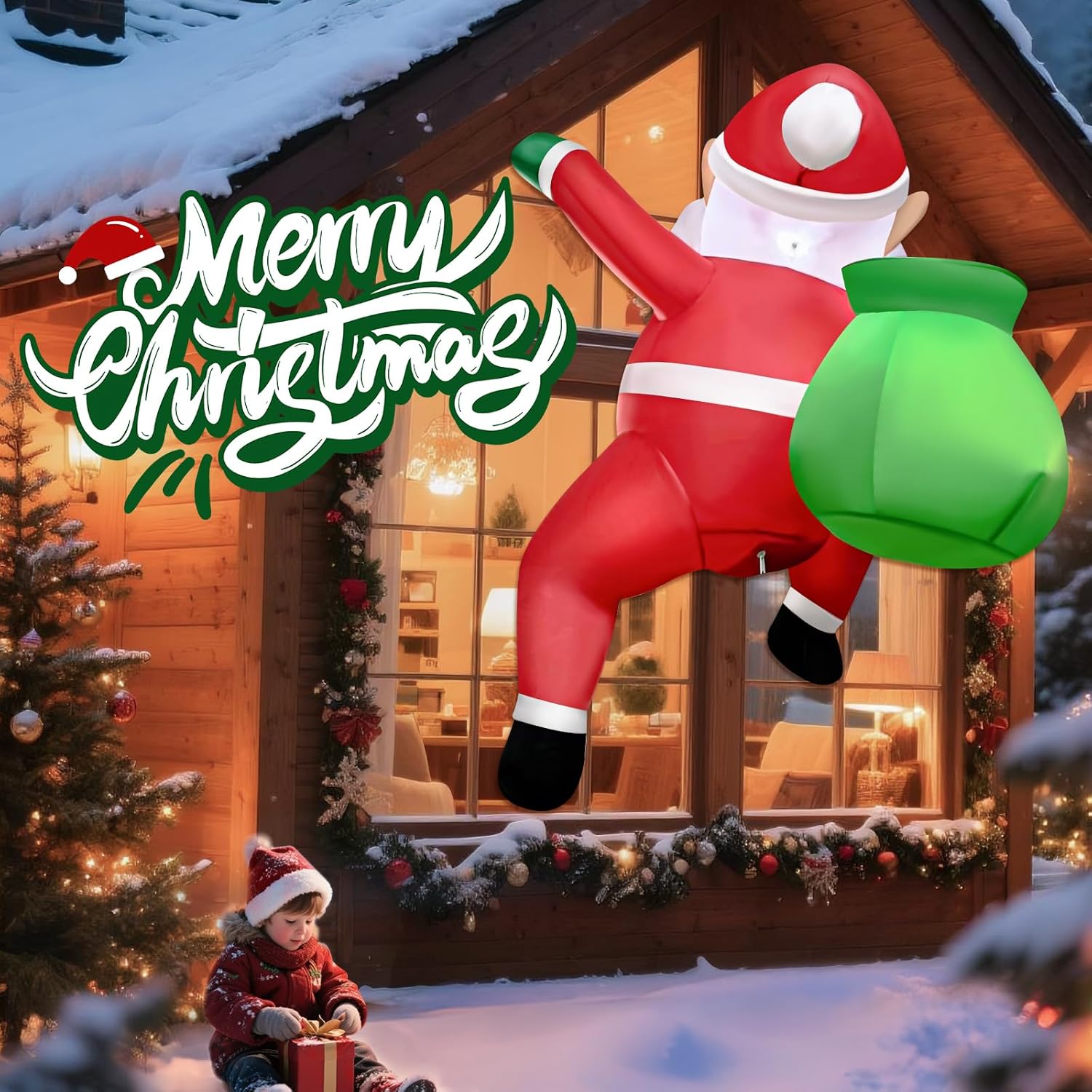 Delight Your Holidays with 3 FT Christmas Inflatables – Cheerful Hanging Santa Claus with Gift Bag and Bright LED Lights for Festive Indoor and Outdoor Charm