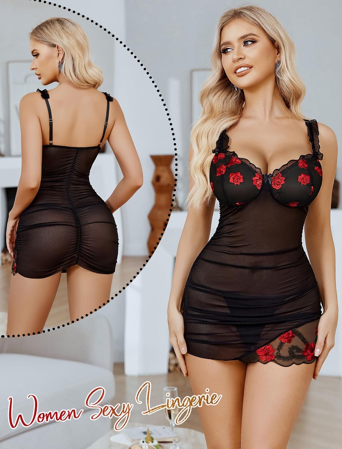 Lingerie for Women Mesh Babydoll Lingeries Lace Chemise Floral Sleepwear Dress Sheer Exotic Boudoir Outfit S-XXL