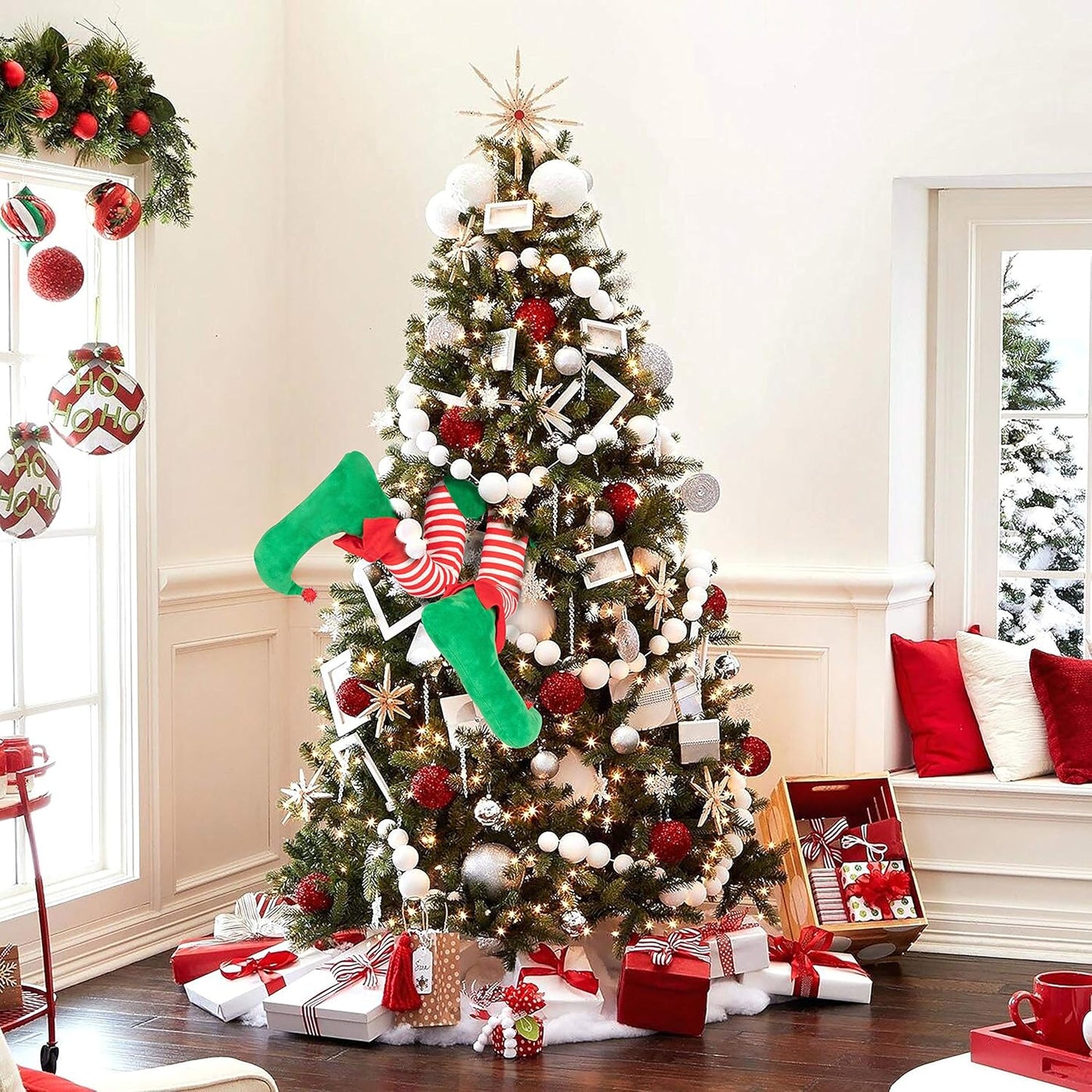 Festive 23” Christmas Elf Stuck Legs Tree Topper - Adorable Holiday Decor for Indoor and Outdoor Celebrations