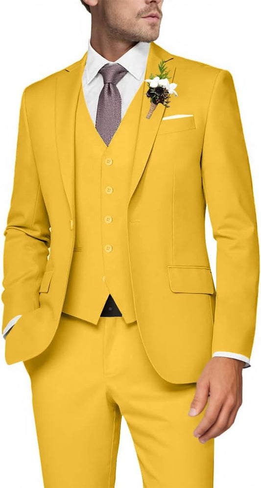 Mens 3 Piece Slim Fit Suit Set, 2 Button Solid Blazer Jacket Vest Pants Business Tuxedo
